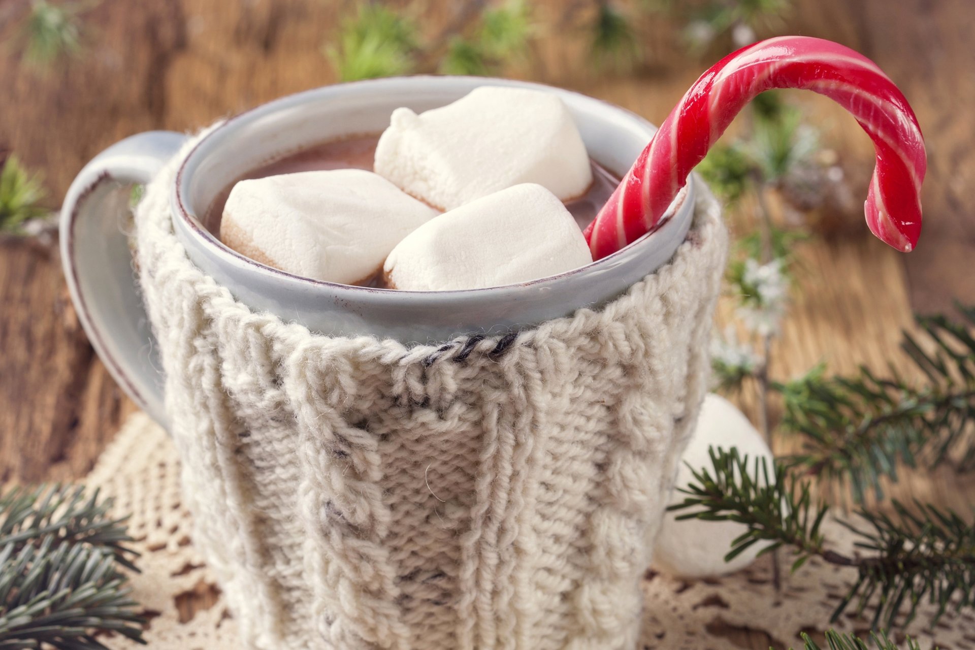 marshmallow cukierki marshmallow lollipop laska kij jedzenie kubek kakao gałęzie świerk zima nowy rok boże narodzenie