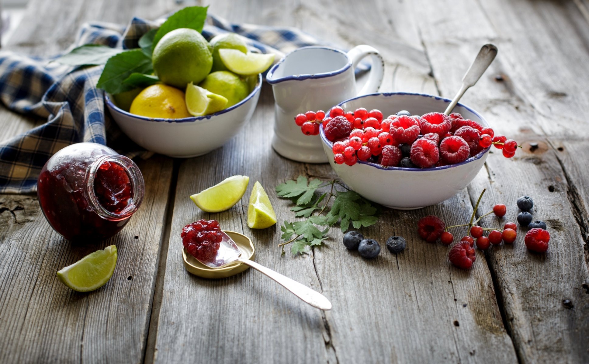 raspberry blueberries currants red berries lemon lima citrus fruits jams jam jar spoon