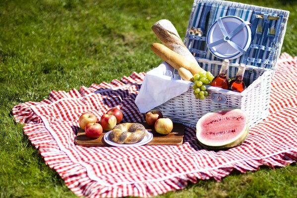 Comida de picnic en la colcha en la cesta