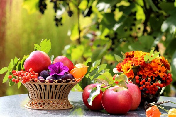 Still-life. Basket on the table with fruit