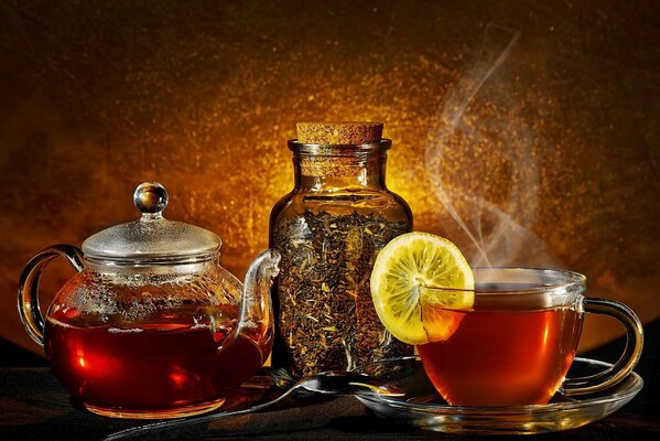 Teapot and cup of fragrant tea