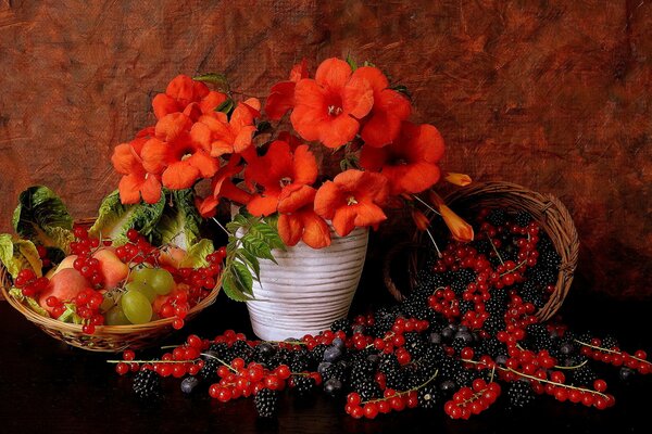 Still life vase with flowers and fruits