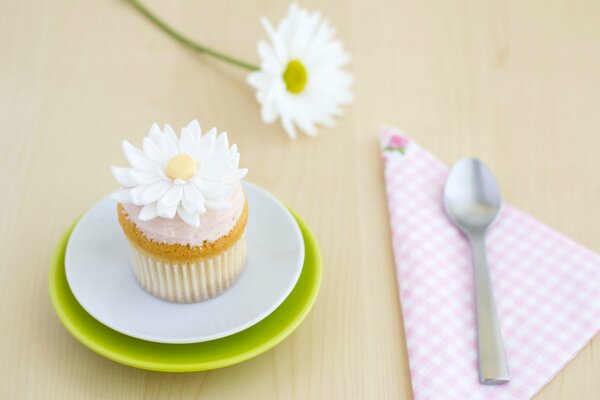 Cupcake decorated with chamomile cream on a white and green plate