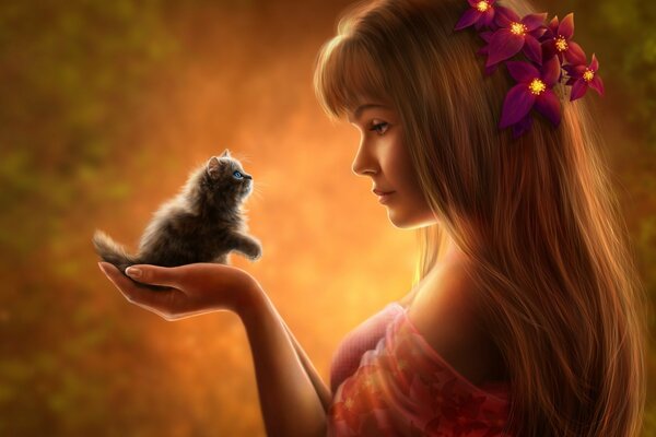 A little friend. A girl and a kitten