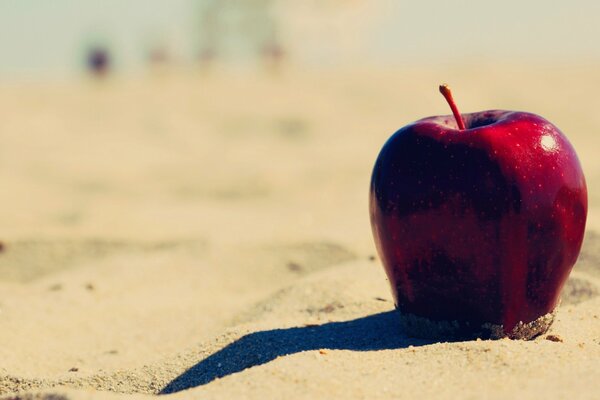 Mela rossa sulla sabbia sulla spiaggia