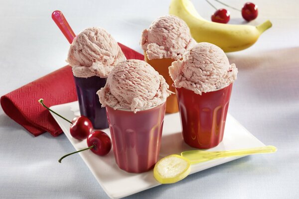 Ice cream in a glass with cherries