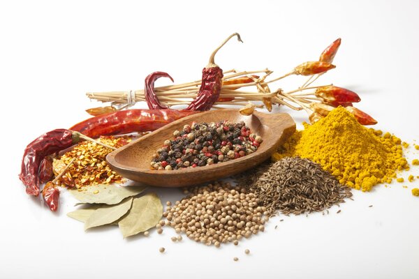A set of spices on a white background