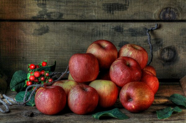 Still life with red apples and greenery