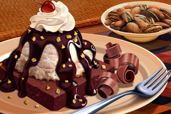Десерт в виде шоколадного пирога с кремом, сливками, шоколадным соусом. орехами и вишенкой