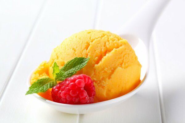 A spoonful of lemon ice cream with raspberries