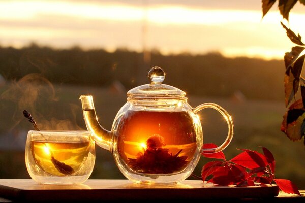 Teapot with tea on the background of sunset