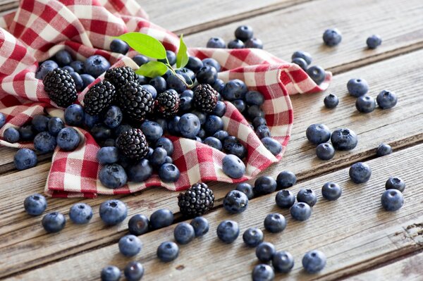 The summer harvest of berries is scattered on a napkin