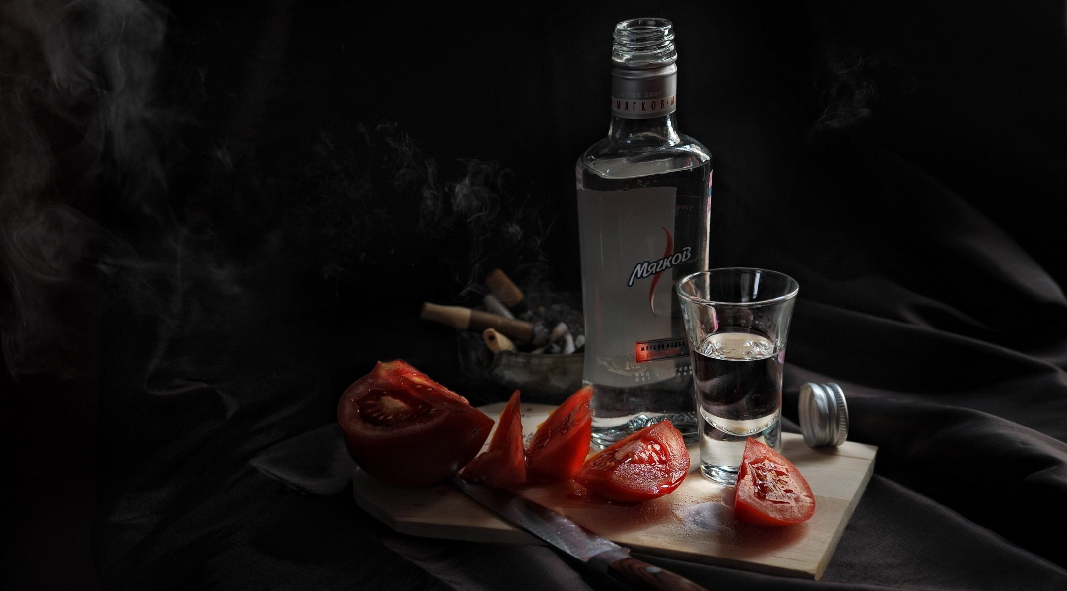 board knife tomatoes glass vodka