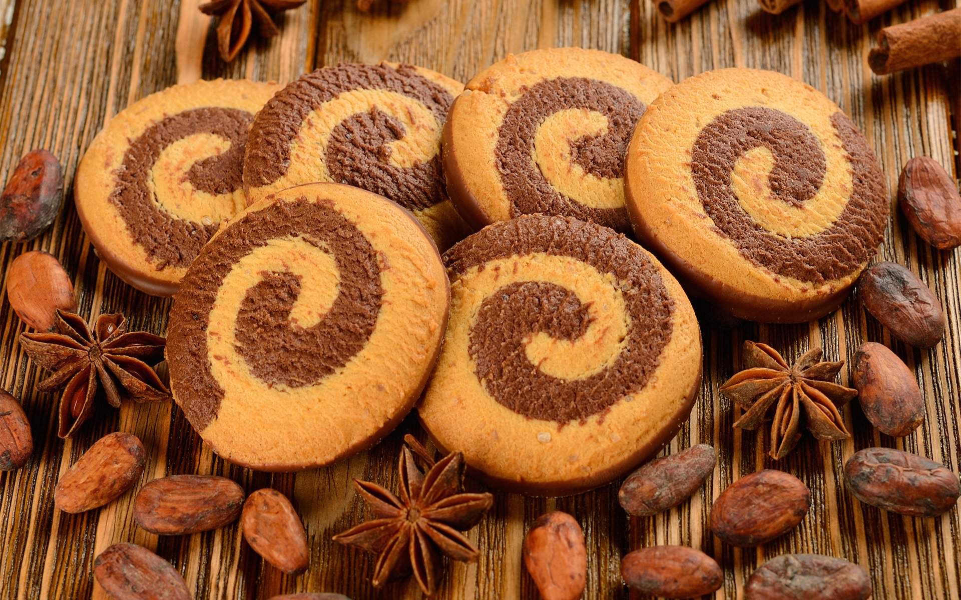 biscuits spirale grains fèves de cacao cannelle badiane anis