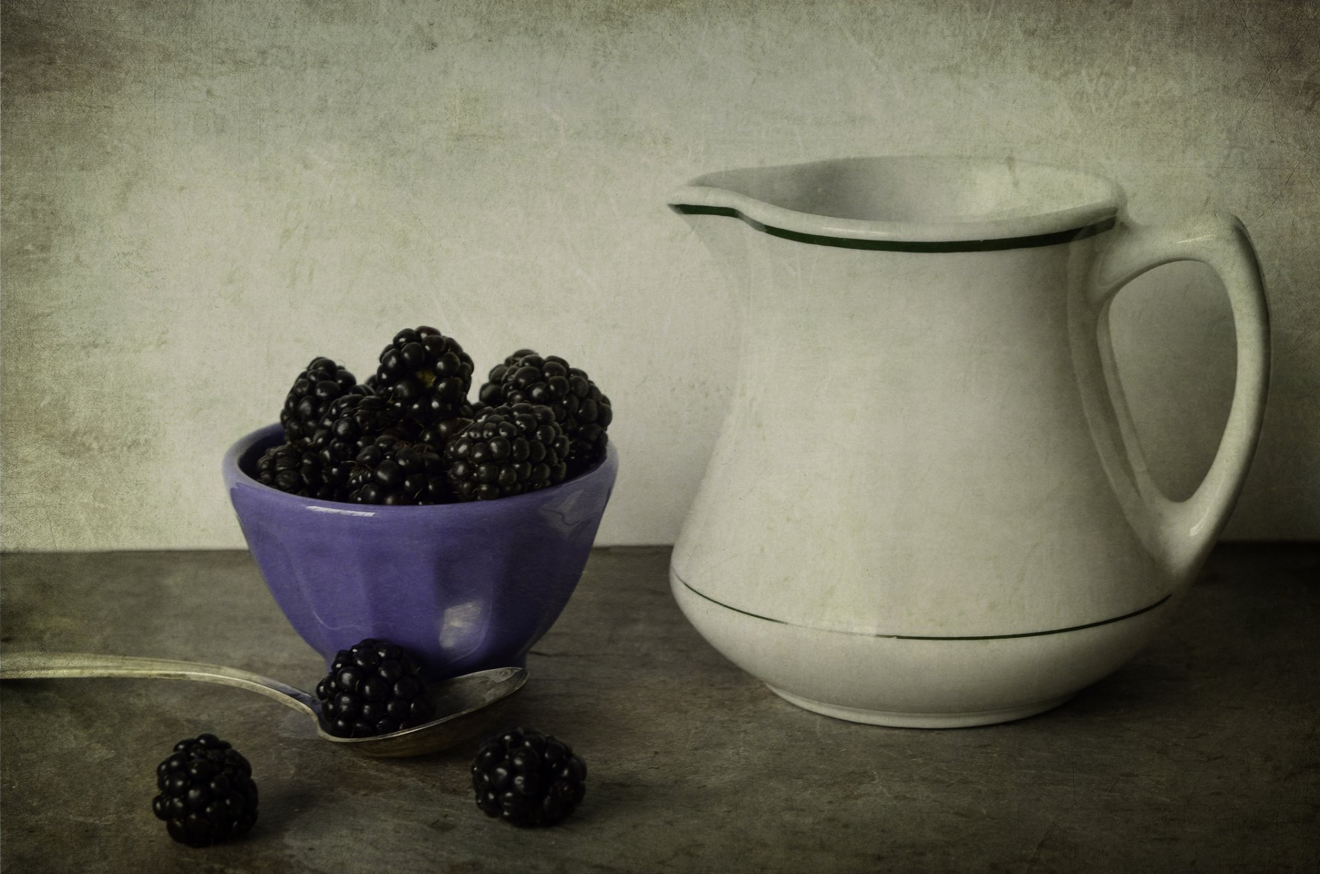 blackberry berries bowl purple pitcher white spoon table style