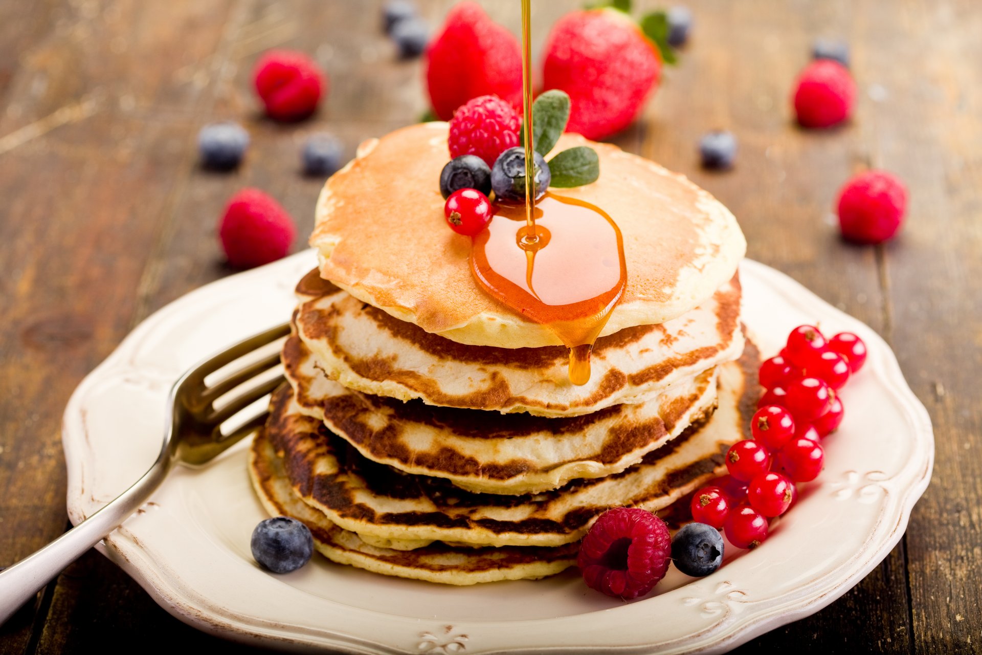 food pancakes pancakes pancakes honey plate berries blueberries raspberries currant