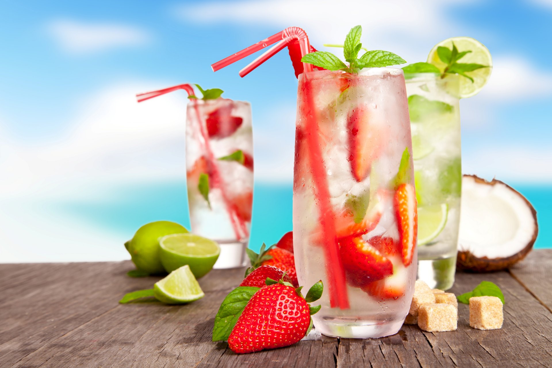 cocktails mojito strawberry glasses tubes sugar ice citrus lime lemons berries strawberries coconut drinks summer