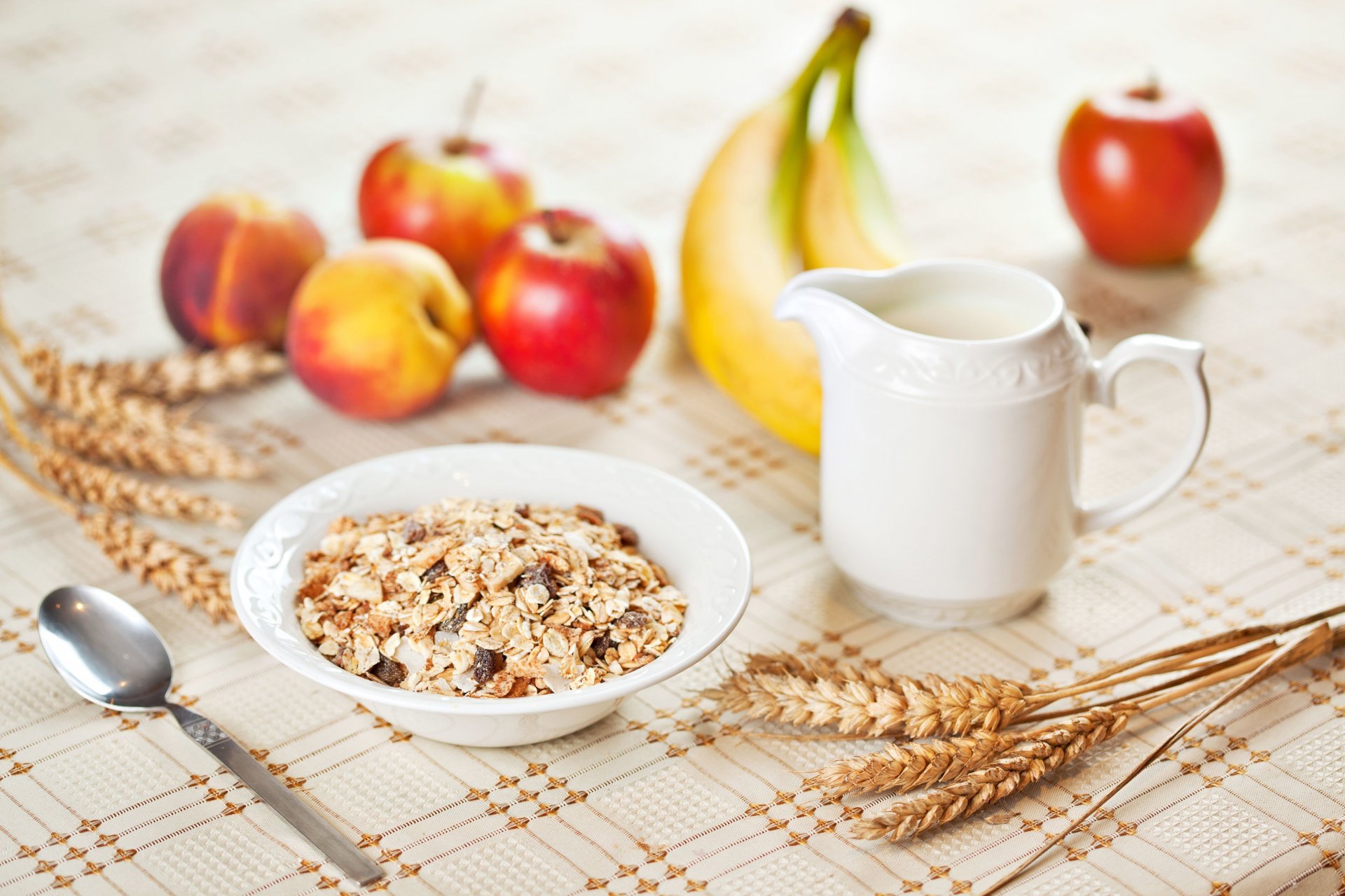 food breakfast muesli fruit apple apples bananas spoon wheat rye plant table background healthy food widescreen fullscreen widescreen wallpaper