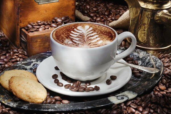 Tasse de café debout sur le plateau avec le biscuit