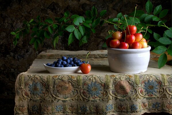 Still life plate with blueberries and cherries