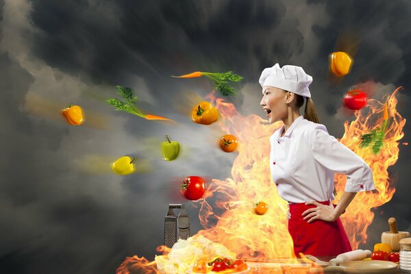 Chef de fille créative sur fond de feu et de fruits volants