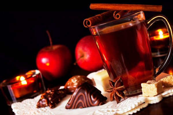 Christmas mood with a mug of tea and chocolates