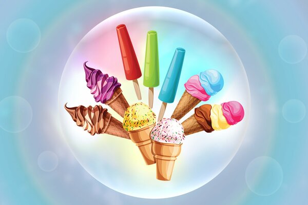 Różne lody, lody owocowe i lody w gofrownicy