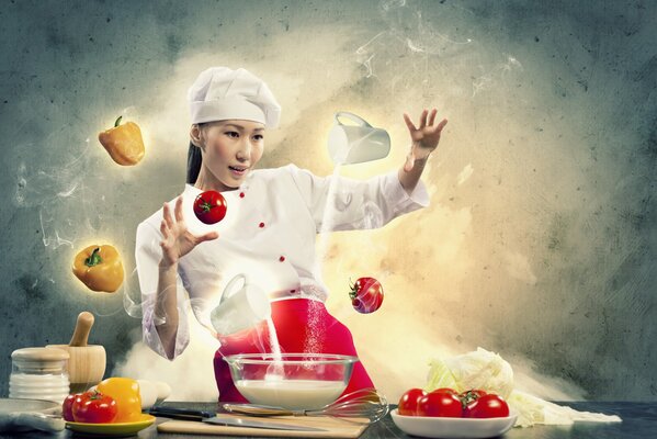 Девушка повар готовит с помощью магии