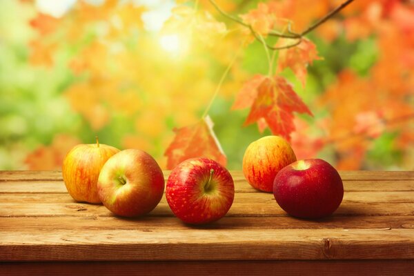 Récolte de fruits en automne. Pommes sur la table et les feuilles d automne