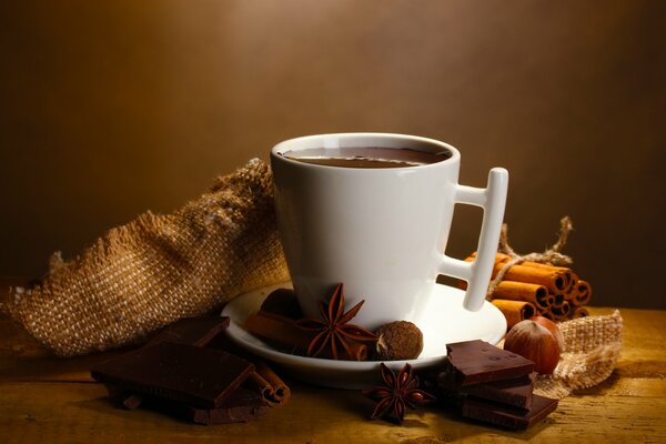 A cup of chocolate surrounded by spices and sweet