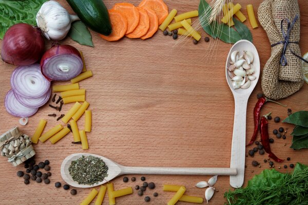 Pasta with spices and chopped vegetables