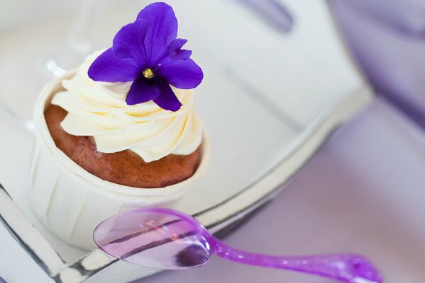 Kuchen mit einer violetten Blume auf einem Tablett