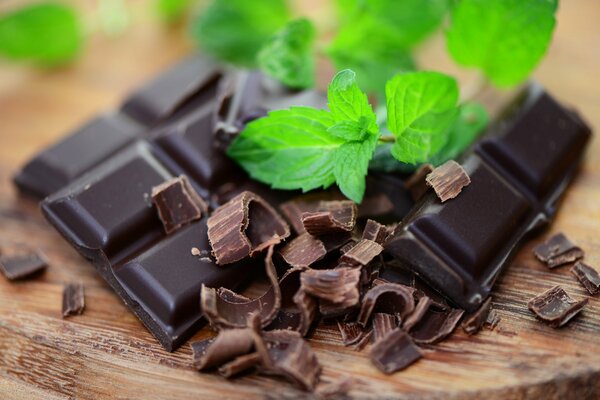 Dark chocolate with mint leaves