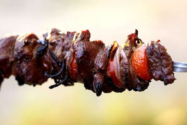 Gegrillter Schaschlik auf einem Spieß mit Zwiebeln