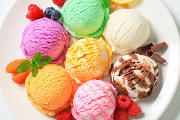 A plate of different ice cream balls