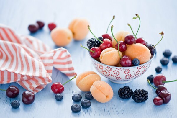 Fruits dans le bol sur fond bleu