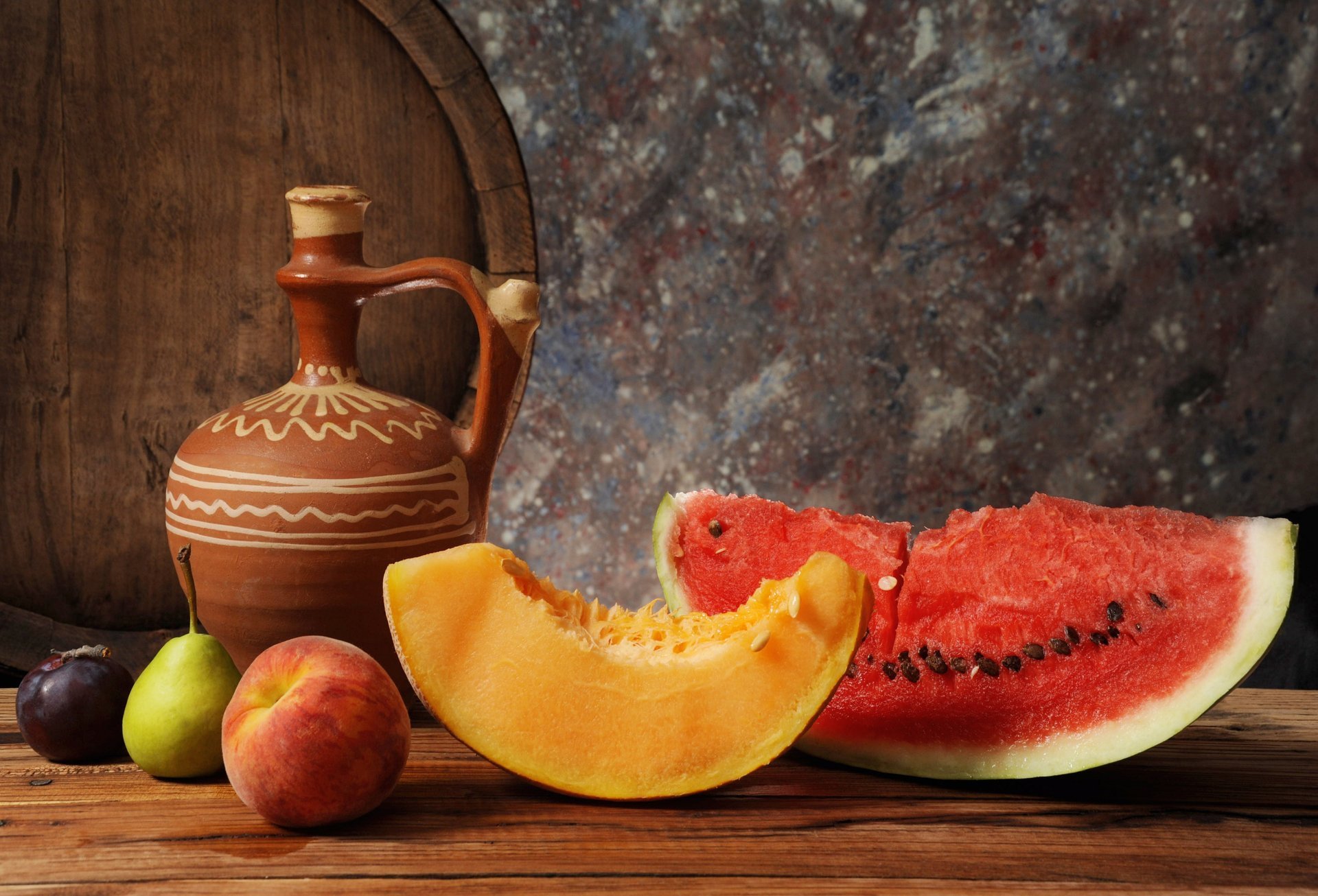 watermelon melon peach pear drain fruits still life pitcher barrel