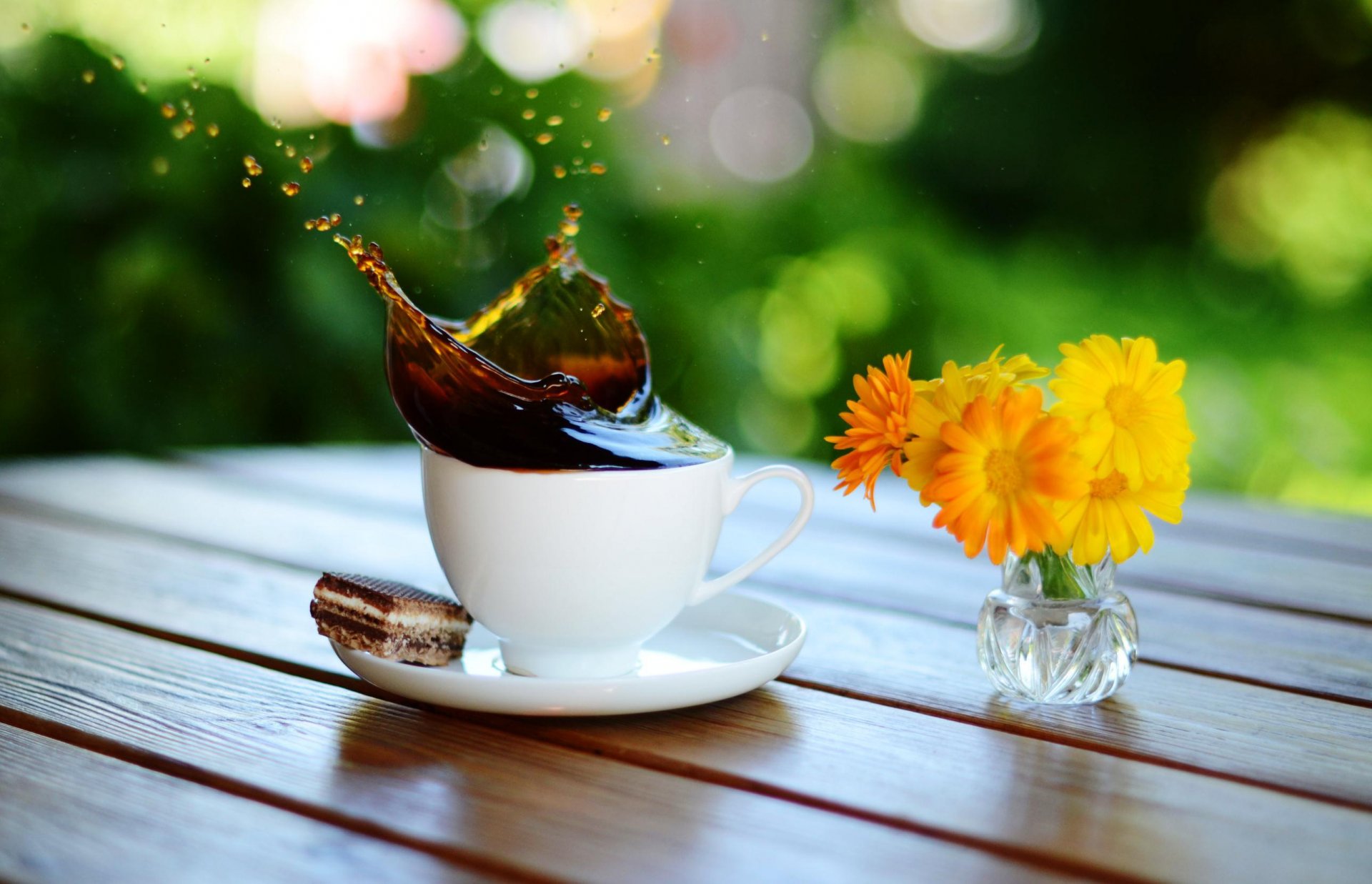 close up table cup saucer coffee splash spray cookies vase flower