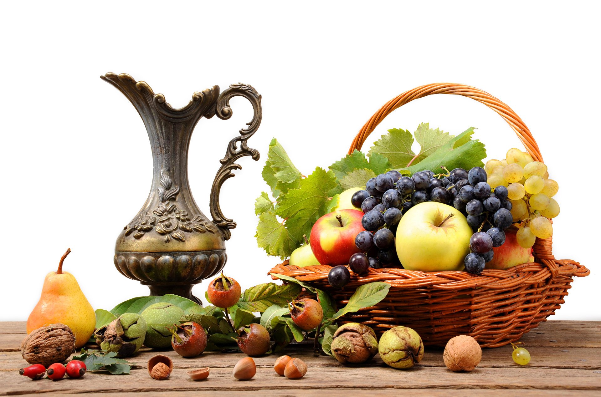 pitcher shopping fruits apples pear grapes dog rose nuts table still life