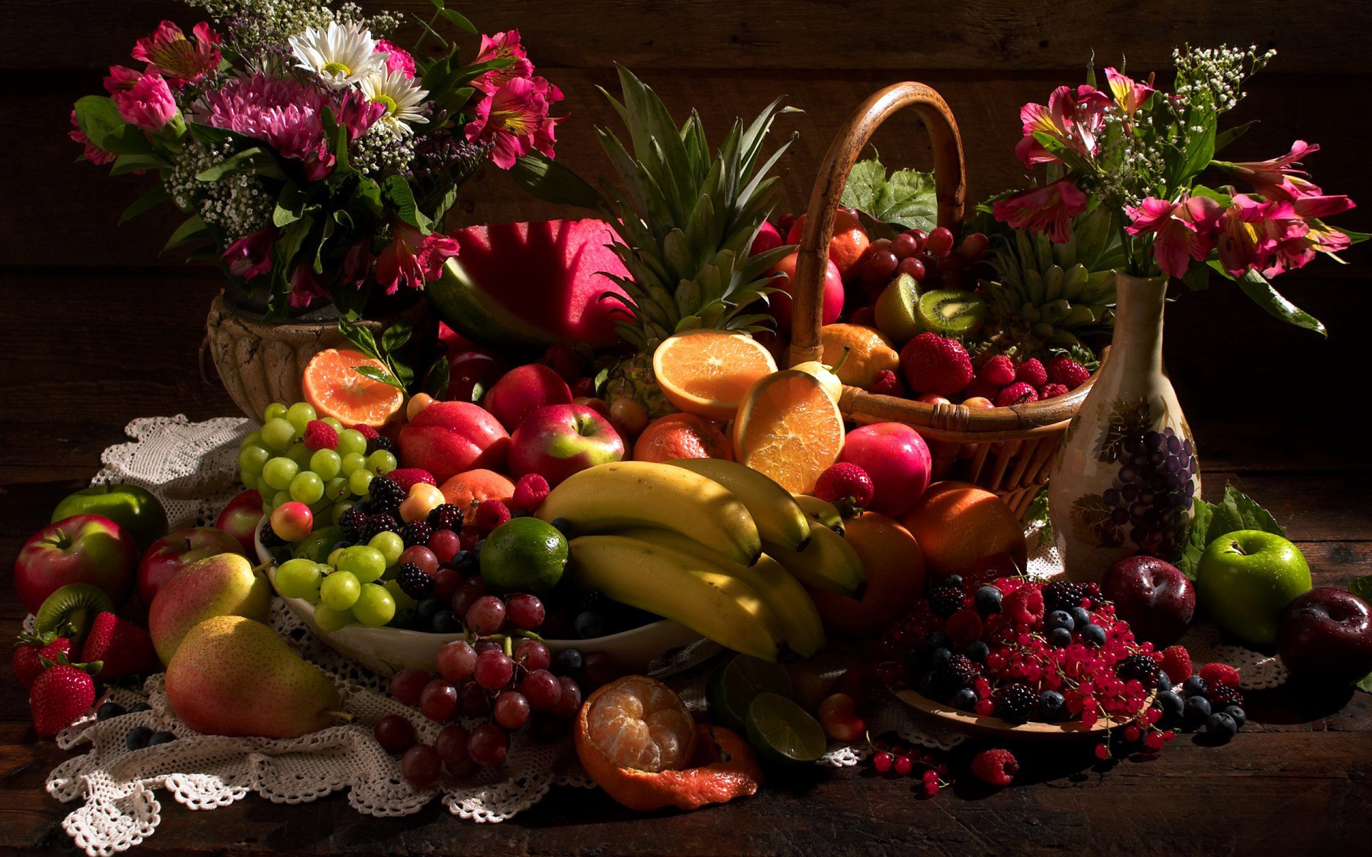 fruits berries still life shopping vase grapes pineapple watermelon apple pear currants orange banana strawberry kiwi raspberry lemon flower bouquet