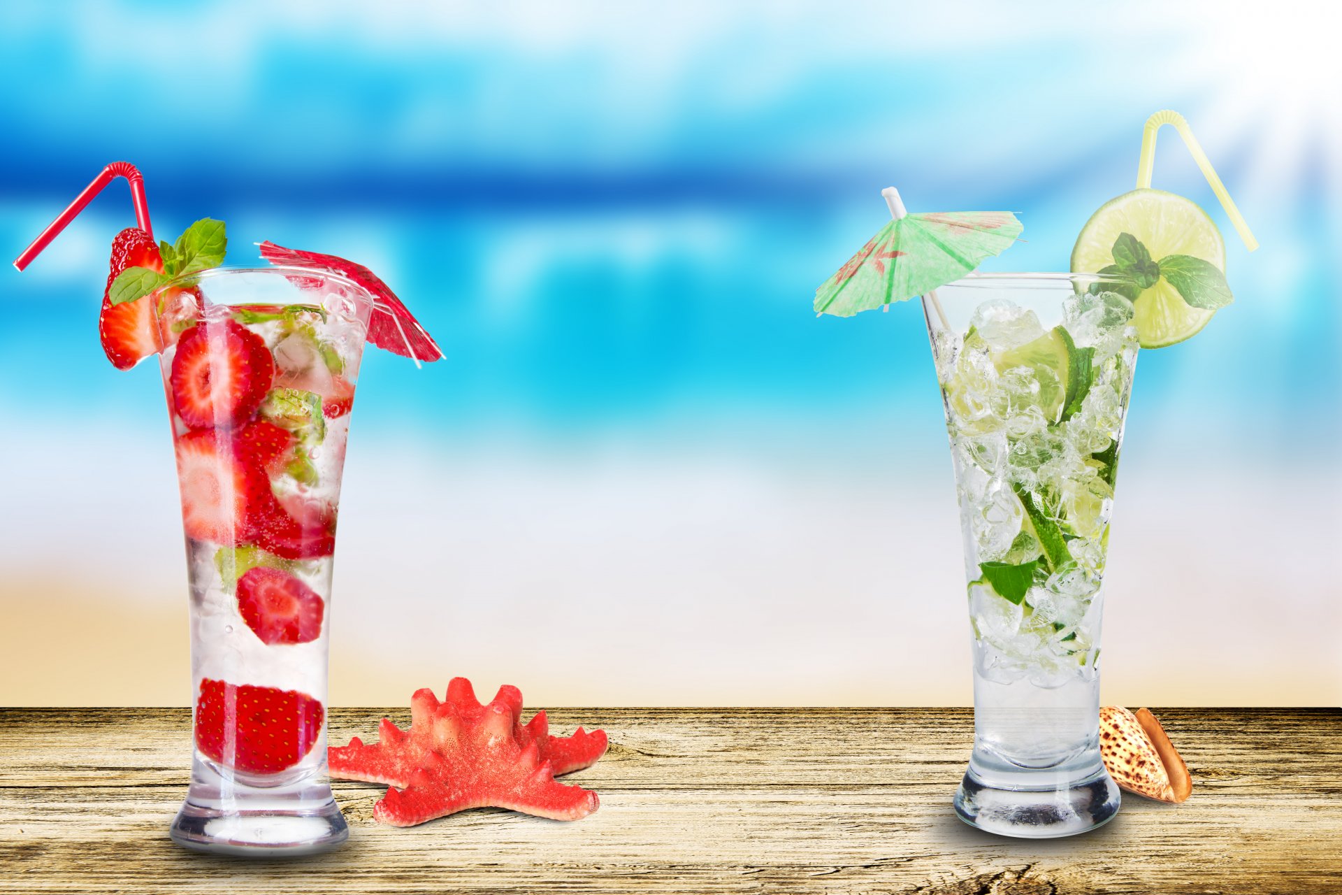 mojito truskawkowe mojito szklanki muszla rozgwiazda truskawka limonka