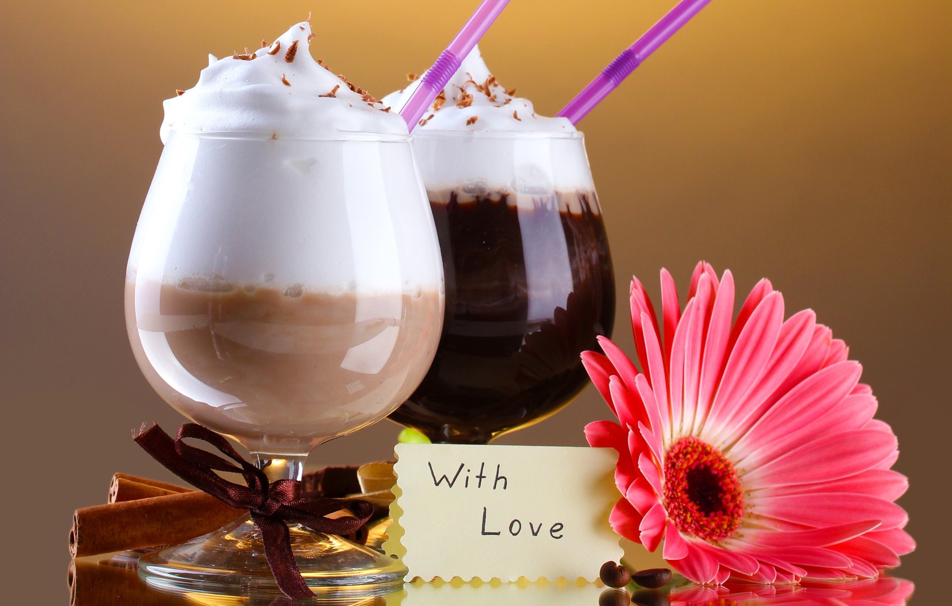 cocktails beverages chocolate foam tube note love cinnamon flower gerbera