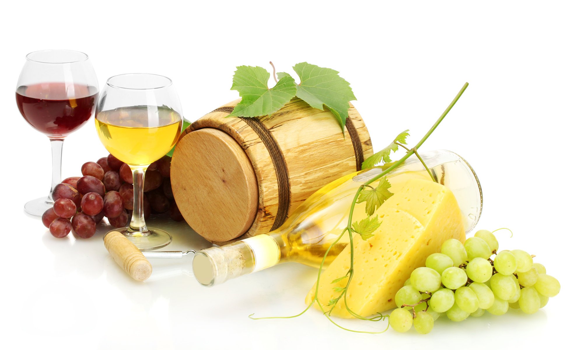 barrel a bottle glasses wine white red grapes cheese corkscrew vine