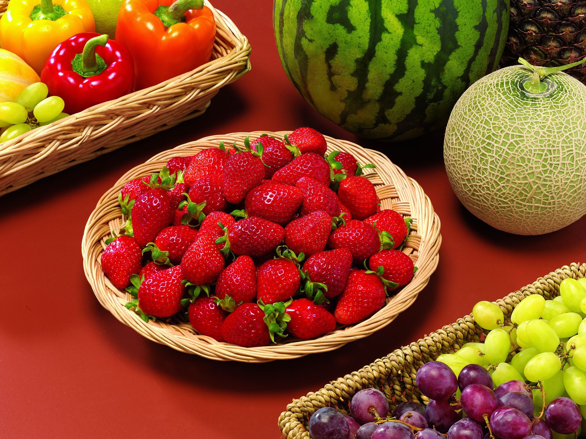 berries fruits vegetables strawberry watermelon melon paprika grapes still life