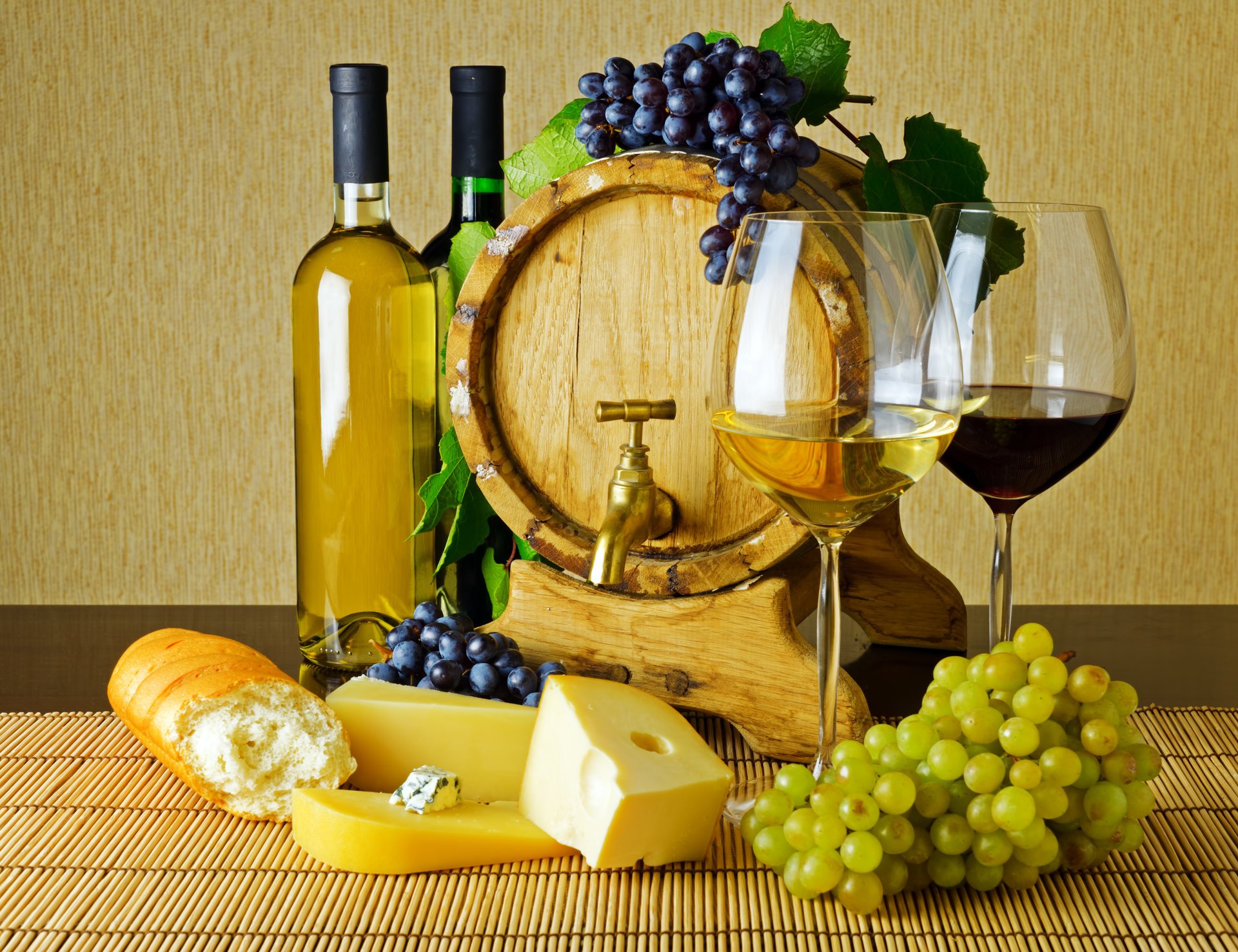 table barrel crane of the bottle glasses wine red white cheese grapes bread prints cluster