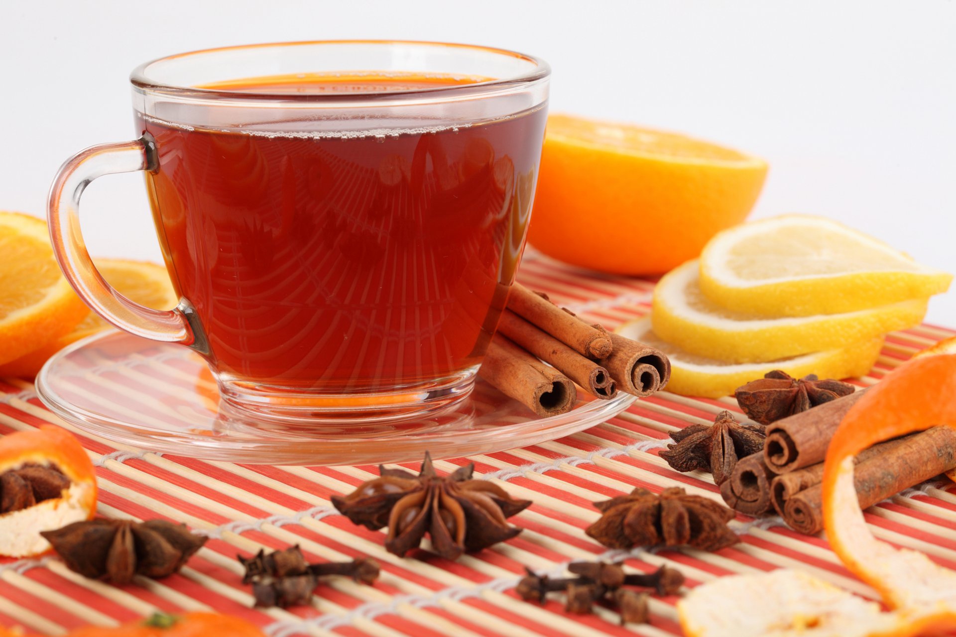 aucer cup tea drink reflection star anise cinnamon peel lemon orange segment