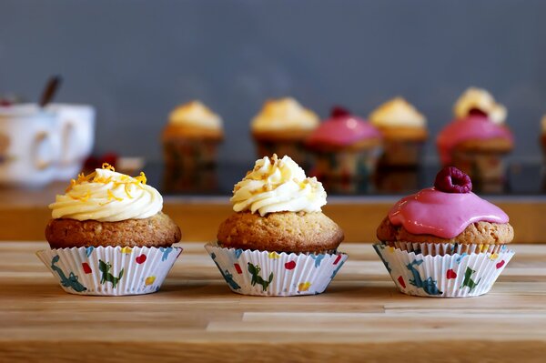 Leckere Muffins mit verschiedenen Cremes