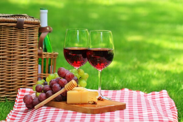 Wein, Käse und Trauben auf einer Serviette in der Natur