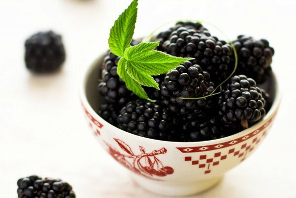 Tazón de moras y menta en la mesa