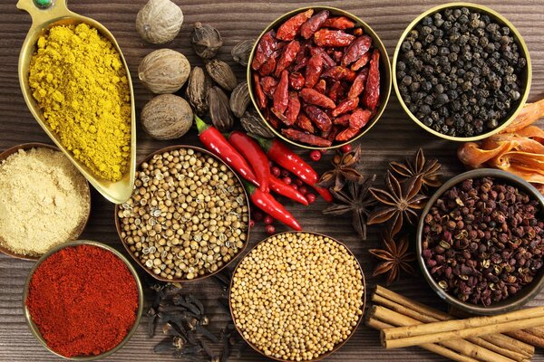 Spices, seasonings, nuts on the table